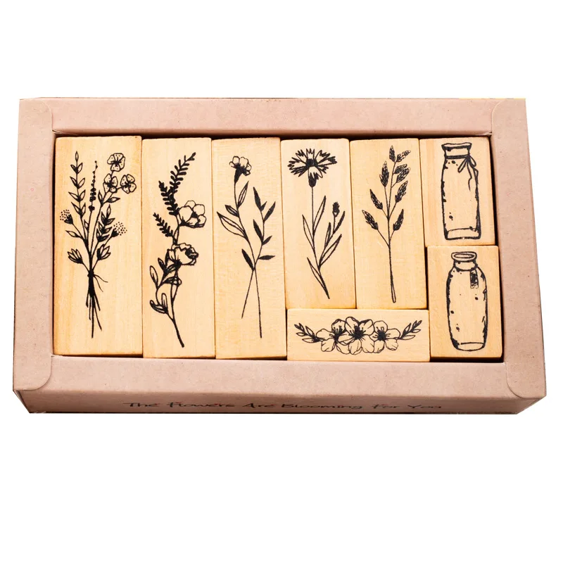 Wholesale creative retro plant Plant Vase rubber diary DIY decorative printing floral wooden stamp seal set