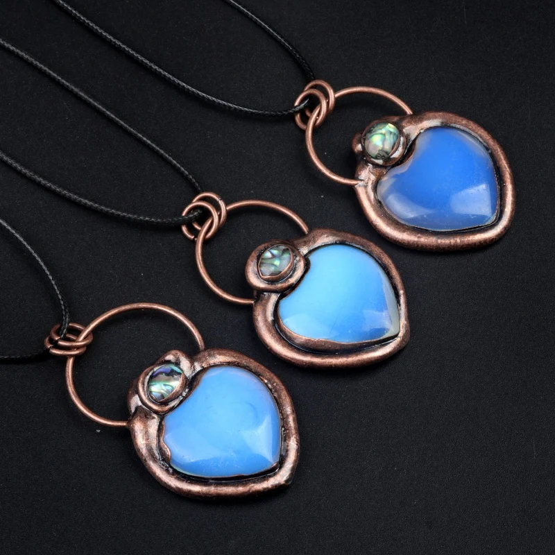 Wholesale European Vintage Heart Shape Natural Syn.Opal Stone Pendant Retro Red Copper Charm Necklace
