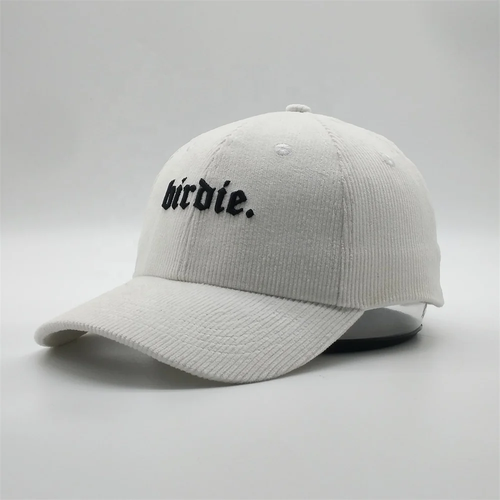 Custom 3D Embroidery Logo Plastic Strapback 6 Panel White Thick Corduroy Dad Baseball Hats Cap