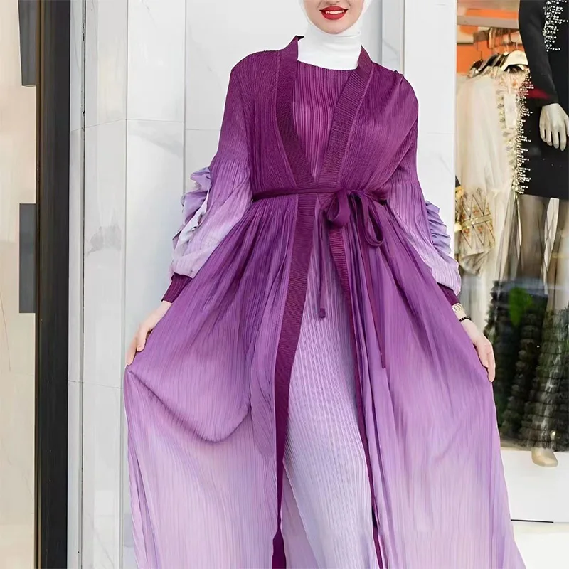 2024 Gradient Color Robe Middle Eastern Petal Sleeve Pleated Set Overshirt Sleeveless Tank Dress Two-piece Set for Women Abaya