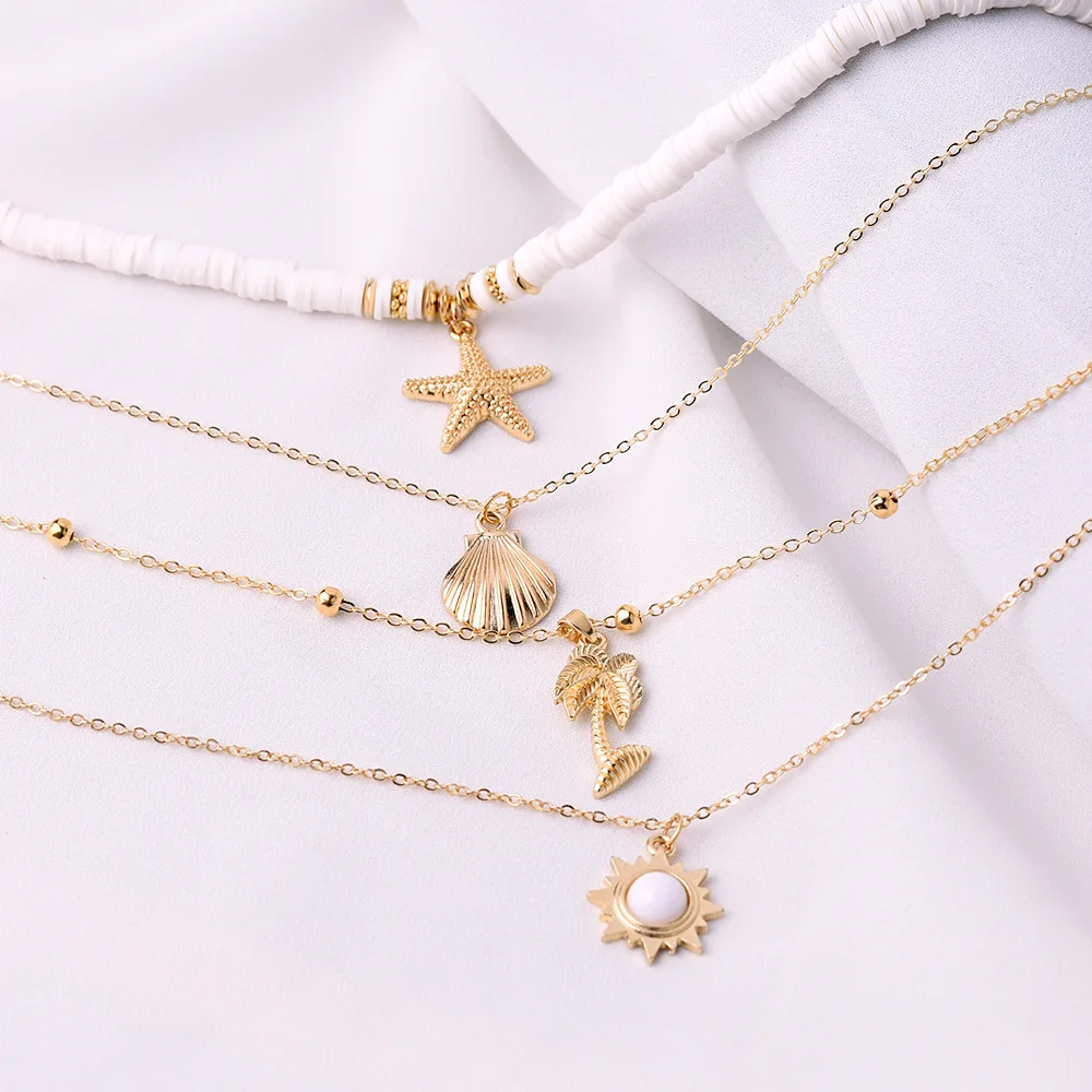 Factory Price Irregular Soft Pottery Starfish Shell Necklace Beach Style Sun Multilayer Necklace For Women