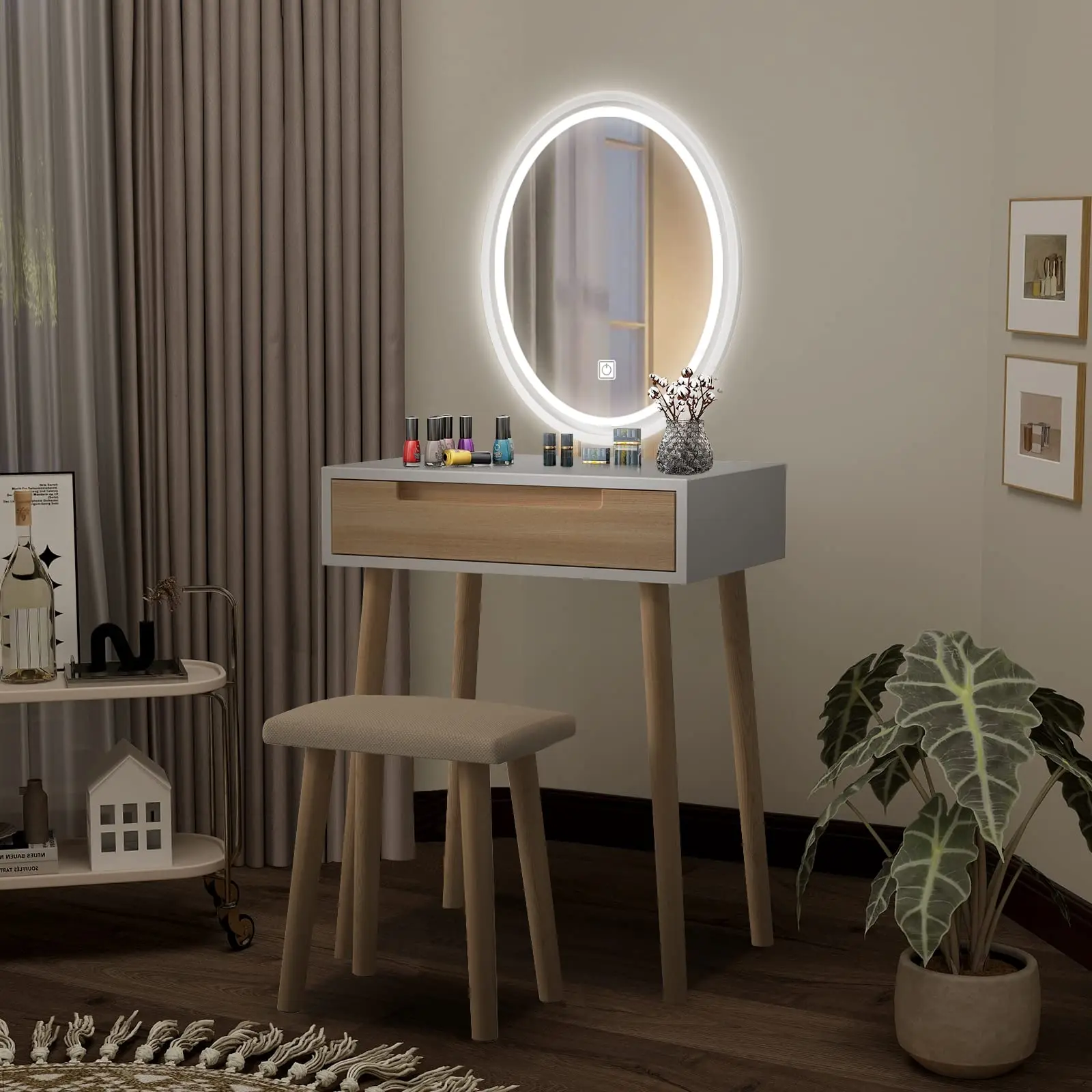 Small Vanity Desk Wood Set for Makeup with Stool Simple Mini Design Dressing Table with a LED Mirror and one Drawer for Bedroom