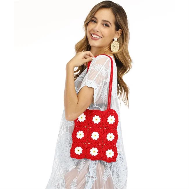 Fancy Hot Style Handmade Floral Knitting Crochet Yarn Net White Daisy Flower Pattern Tote Handbag