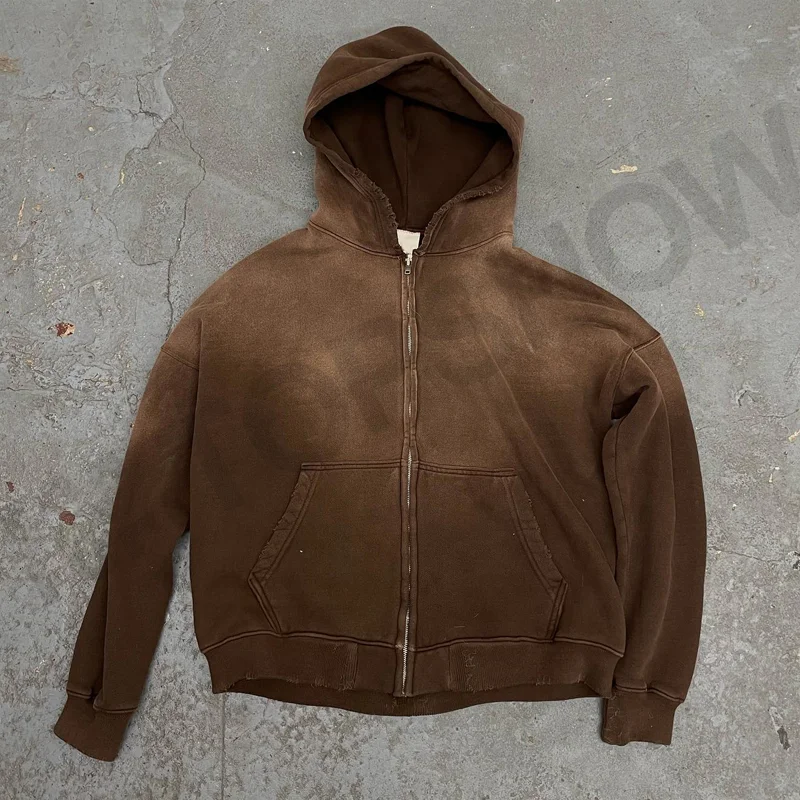 Topshow Streetwear Hoodie Cotton French Terry Acid Wash Vintage Custom Logo Oversized Stone Wash Sun Faded Distressed Hoodies
