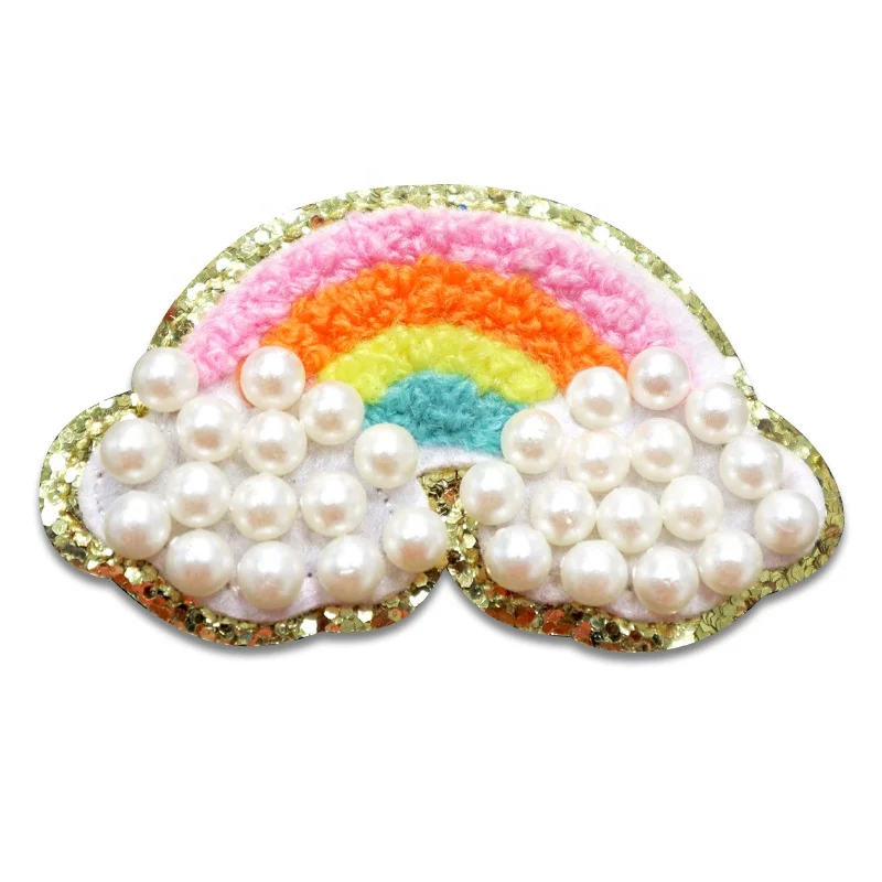 March Expo Hot Selling Custom Embroidery Pearl Heart Patches ,Rainbow Chenille Patch Iron On
