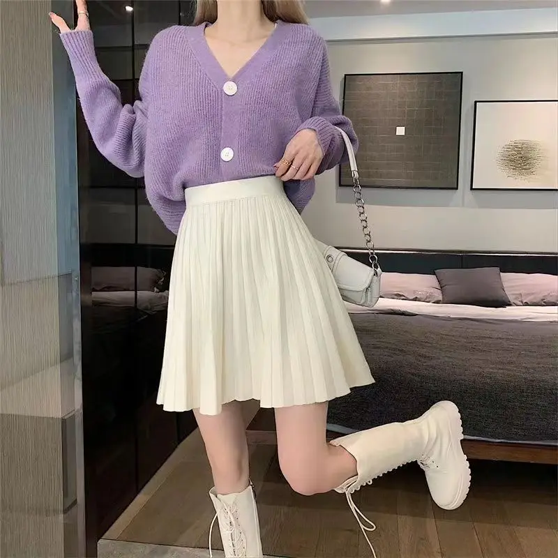 High Waisted Pleated Knitted Skirt for Women Elegant A-Line Design for Autumn and Winter Slim Fit Small Stature Skirt