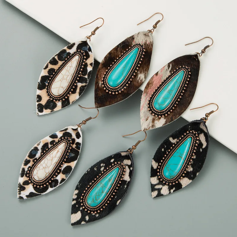 Western Vintage Cowgirl Jewelry Leaf Shape Cowhide Leather Turquoise  Earrings Women