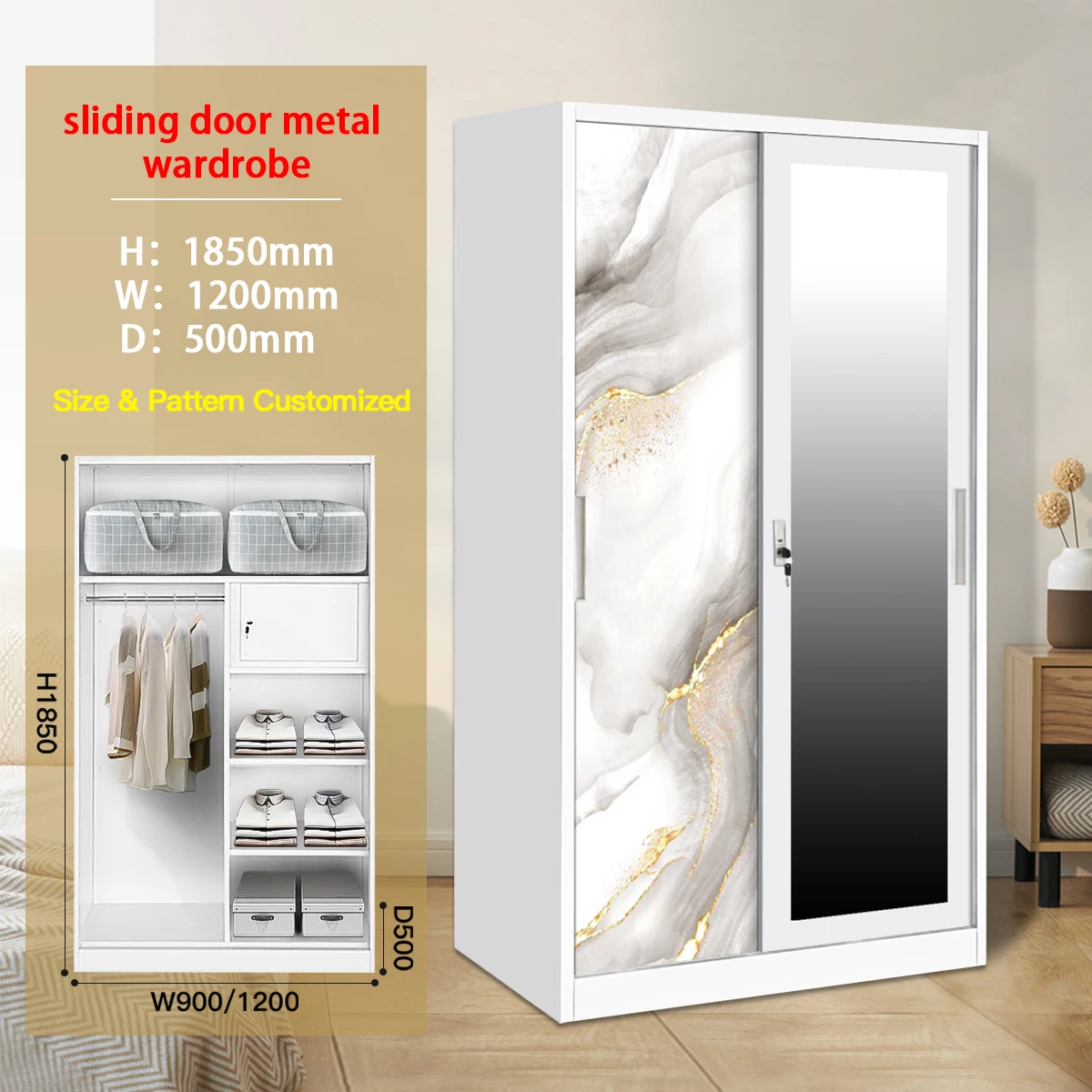 Stylish and Affordable Steel Sliding Wardrobes with Mirror Iron metal storage cupboard wardrobe for Your Bedroom Furniture
