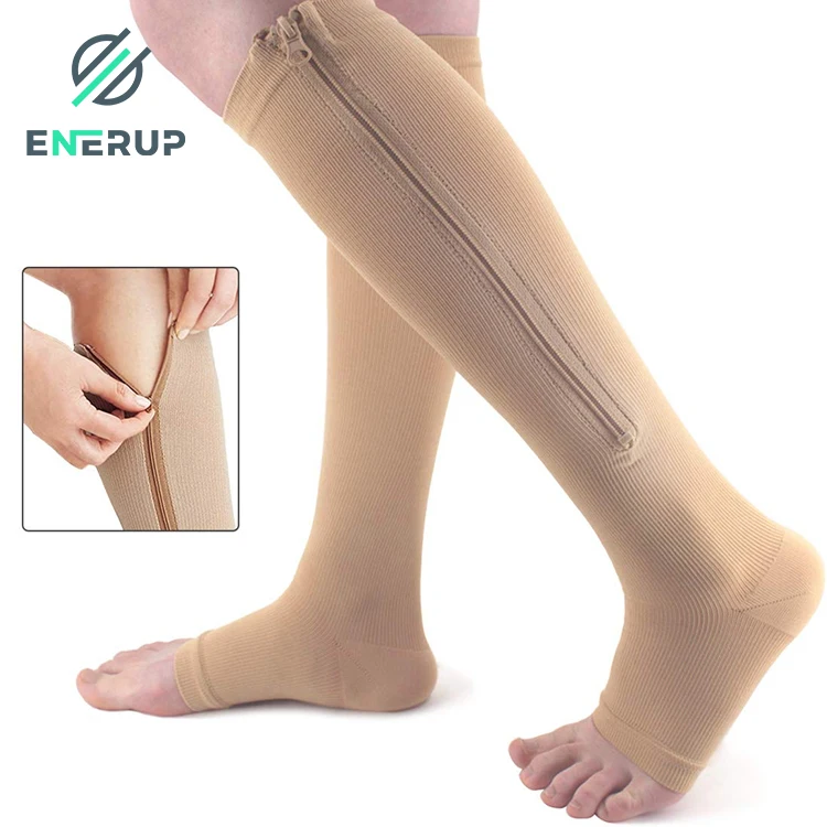 Enerup custom nylon socks unisex Antibacterial 15-20mmhg knee high Socks open toe rebound medical compression socks with zip
