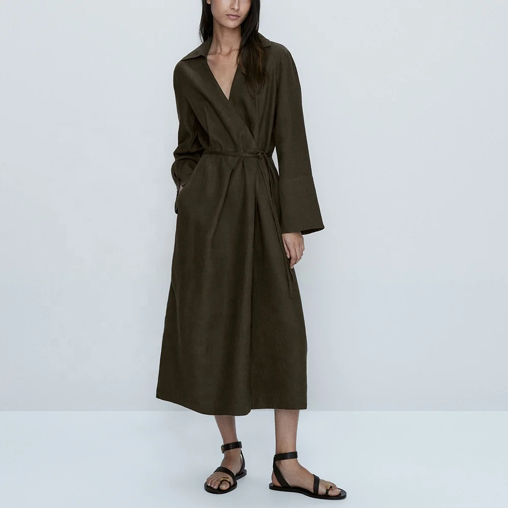 Spring and Fall high quality simplicity girls linen cotton fabric for maxi dress long sleeve v-neck belt elegant casual dresses