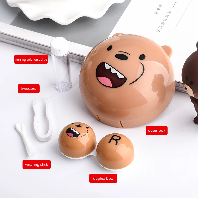High Quality Cute Cartoon Contact Lenses case Mate Box Color Round Brown Bear Shape Portable