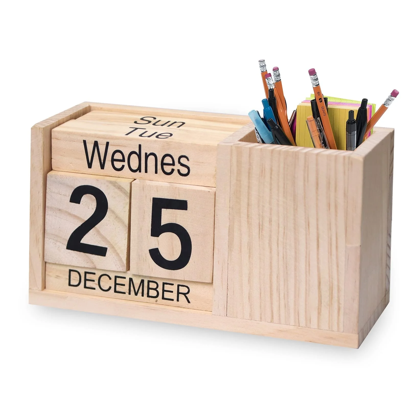 Wood Block Perpetual Calendar Month Week Date Display Calendar Pen Holder for Desk Organizer