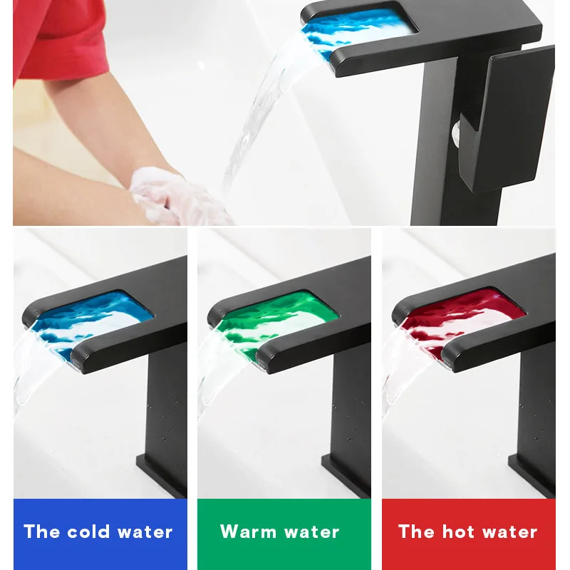 Waterfall Basin Mixer Single Lever Bathroom Brass LED Waterfall Wash Basin Faucet