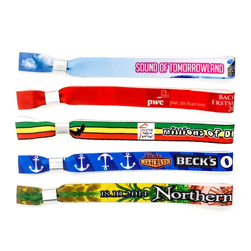Wholesale Custom Printed Design Woven Tube Slide Lock Bracelet Fabric Polyester Silk Event Wristband