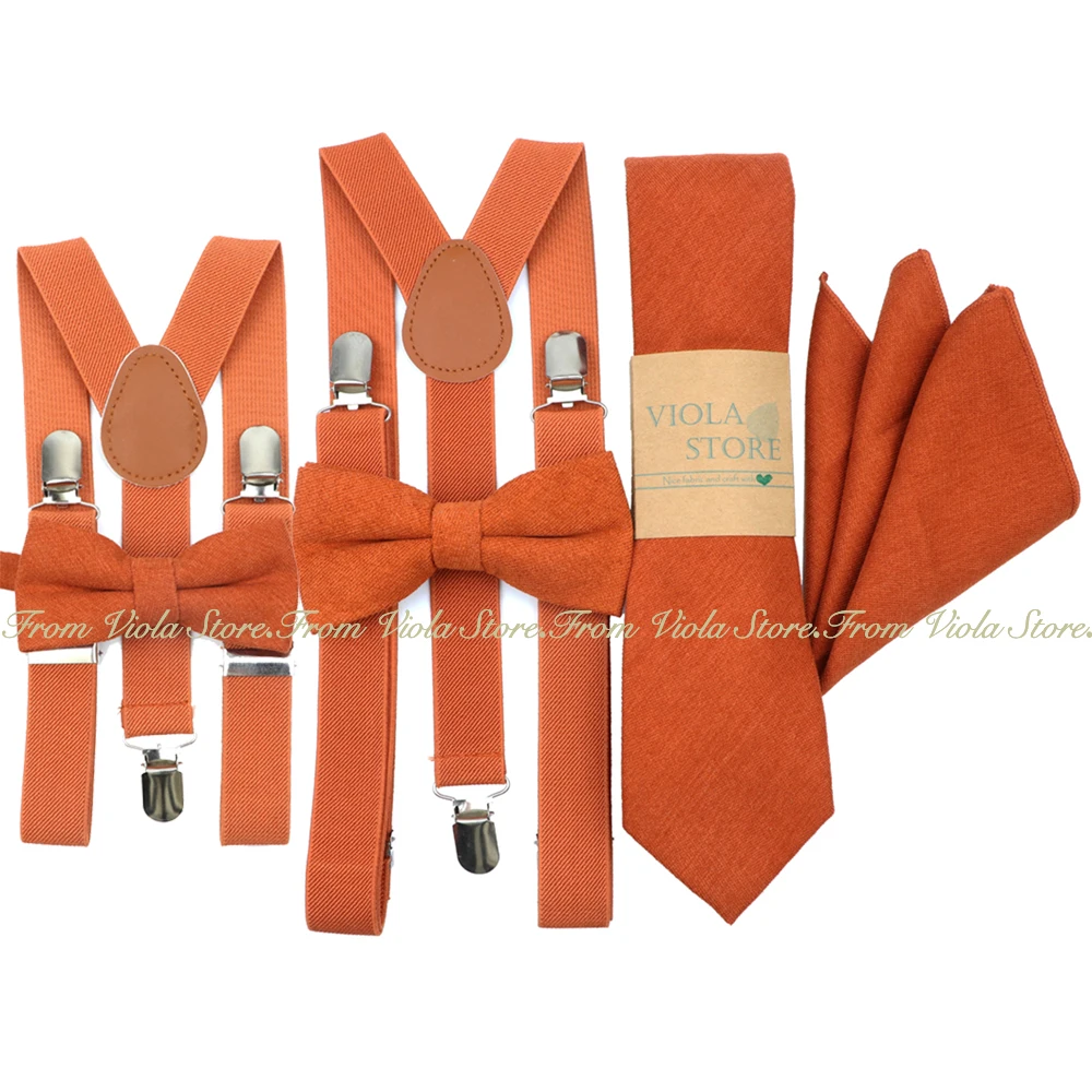 Khaki Maple Solid 2.5cm Suspender 7cm Cotton Corduroy Tie Hankie Bow Sets Men Kids Cravat Brace Elastic Straps Wedding Accessory