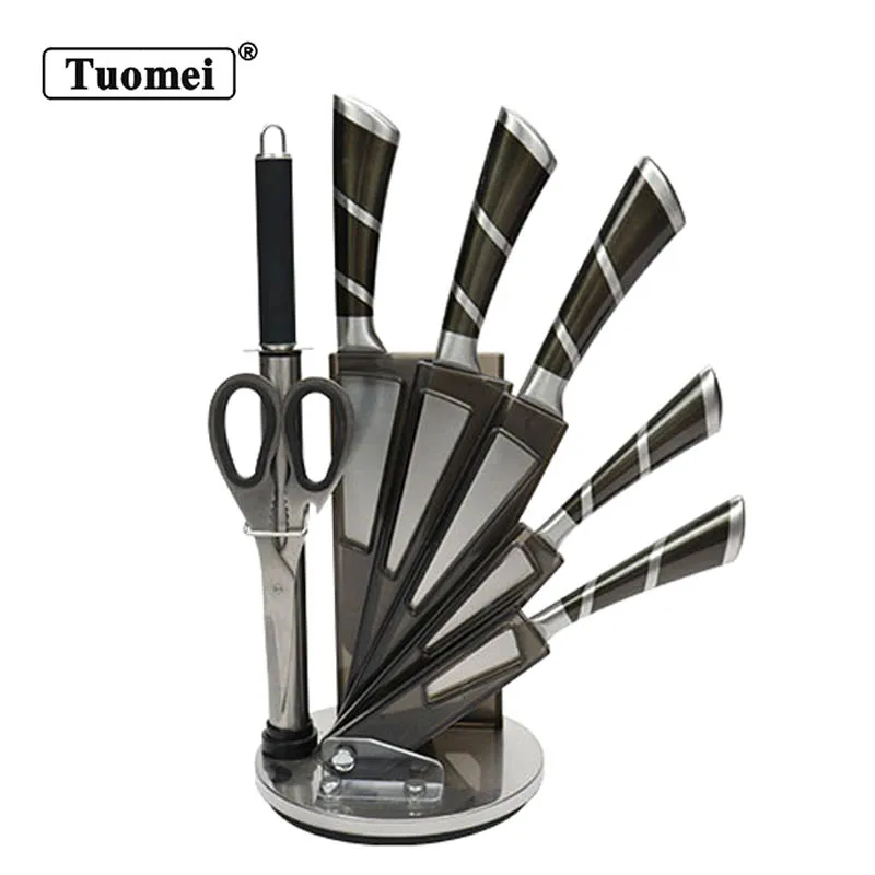 TUOMEI Hot Sale Premium Hollow Handle Stainless Steel 8 PCS Kitchen Knife Set With Acrylic Block Chef Cooking Kitchen Knife Set