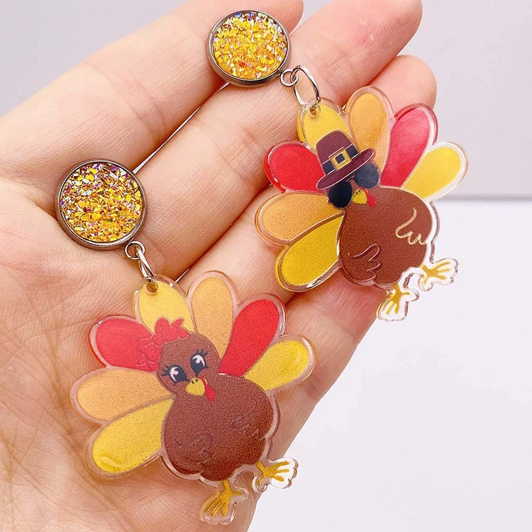 Double-sided printed letter leather holiday jewelry ladies fashion Thanksgiving Turkey squirrel pine cone acrylic earrings