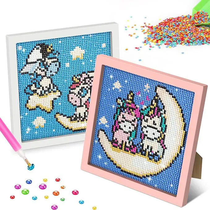 Cartoon Diy Diamond Painting Kits With Wooden Frame Mini Diamond Art Kit Diamond Dots Framed Painting For Kids