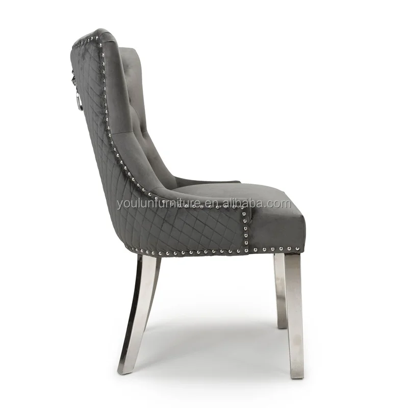 silver stainless steel legs leather grey velvet tufted pattern back dining chairs with lion knocker back