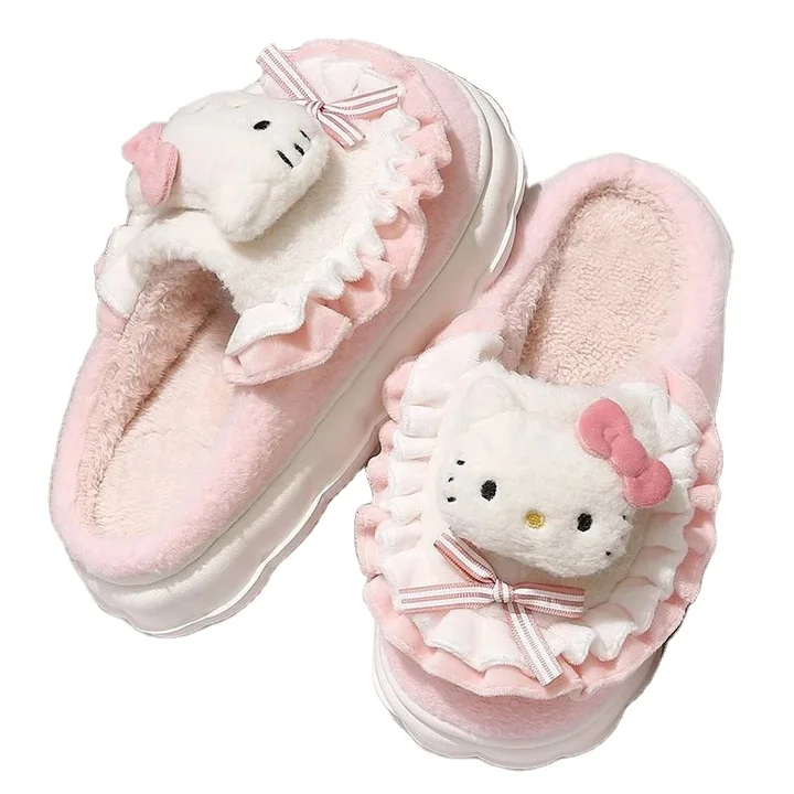 Высококачественные теплые тапочки Kawaii Kitty зимние женские домашние туфли милые Нескользящие мягкие плюшевые Kuromi для помещений