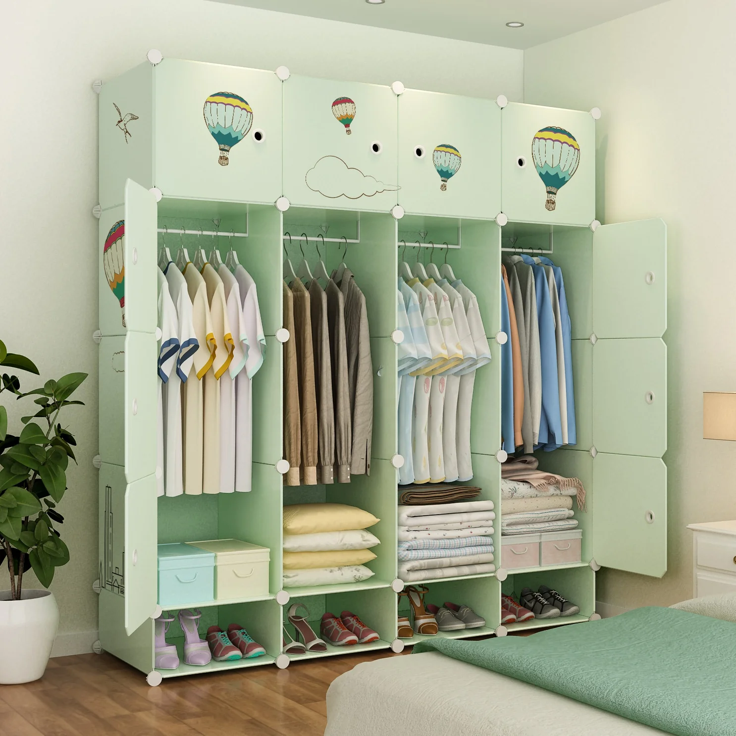 Hot Sale Clothe Storage Cabinet Rectangular Plastic Foldable Wardrobe Organiser Green Color With Stickers Portable Cube Wardrobe