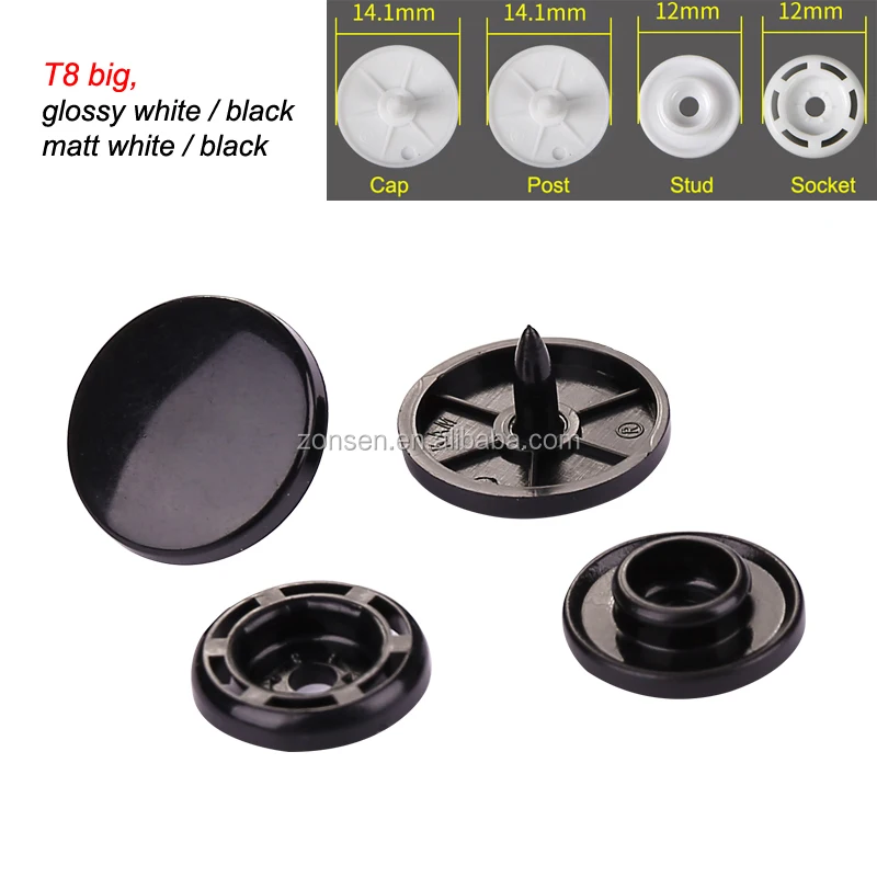 14.1mm KAM Round Matt White or Black Snap Fasteners T8 Plastic Snaps Press Button for Baby Clothes