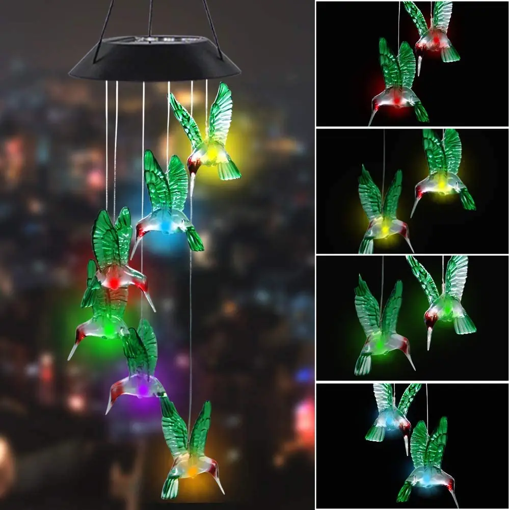 Hummingbird Wind Chime LED Solar Wind Color Changing Six Hummingbird Waterproof Outdoor Decorative Romantic Wind Bell Light