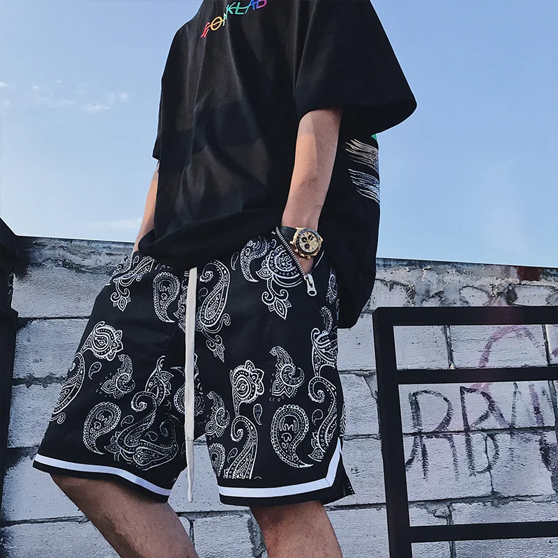 
Wholesale 70s high waist bandana african beach shorts casual mens black paisley print board shorts for men 