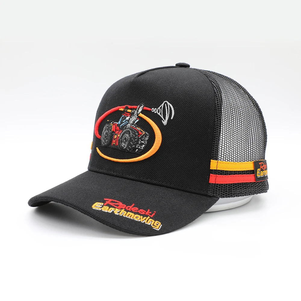 New Promotion 5 Panel One Size Fits All Structured 100 % Cotton Black Topbrim Embroidery Customized Woven Tag Trucker Hats