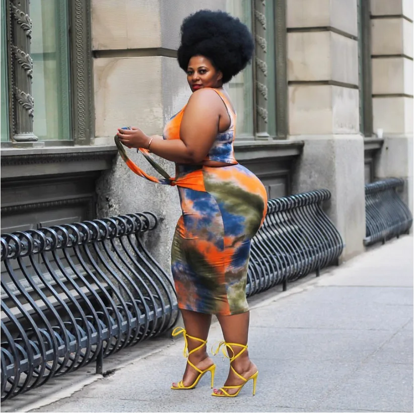 
New fashion trendy Tie-dye printed 2020 women dresses sexy summer plus size bodycon midi dress tops and skirt two pieces sets 