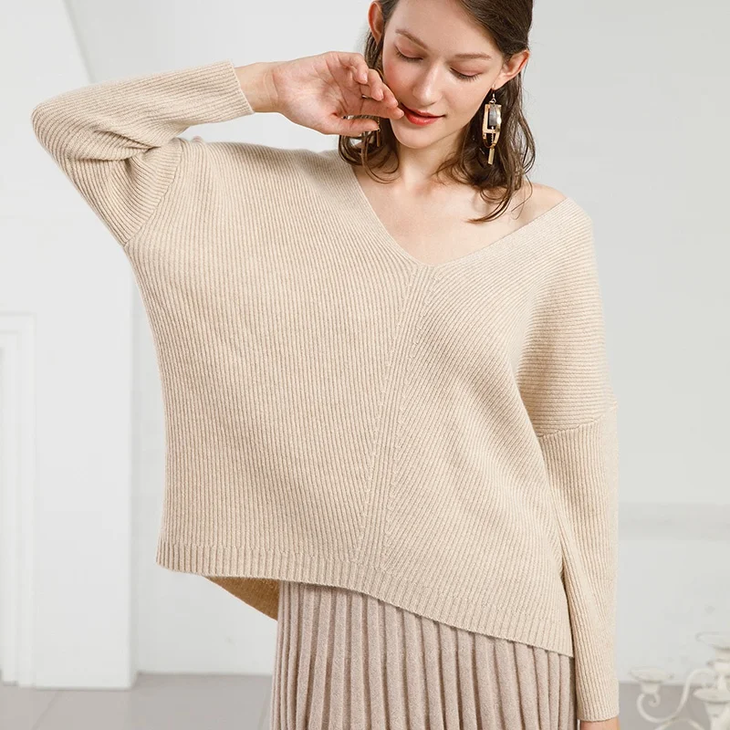 Factory direct stock service  drop-shoudler sweaterAutumn Mongolia Cassh  V-neck  pullover sweater women loose pullover sweater