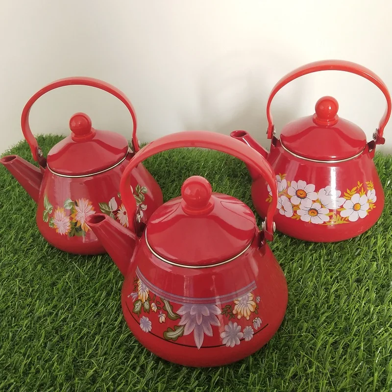 
1.5L Reoona enamel kettle with red flower decals for enamel kitchenware pot 