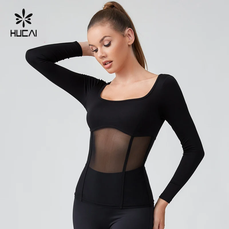 HUCAI custom modal spandex slim fit sexy square neck sports corset mesh patchwork Yoga top long sleeve gym t Shirt for Women