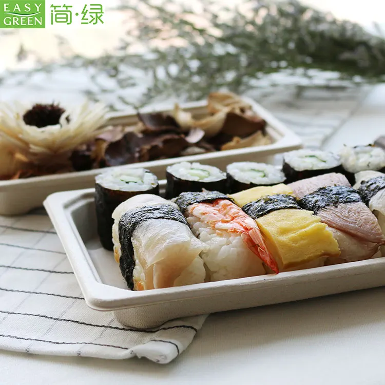 Easy Green Restaurant Disposable Various Size Bio Sugarcane Fiber Bagasse Pulp Sushi Take Away Food Tray
