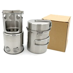 Stainless Steel Camping Cooking Cookware Set Lightweight Outdoor Camping Cookware Mess Kit for 1-2 Adult with Wood Stove