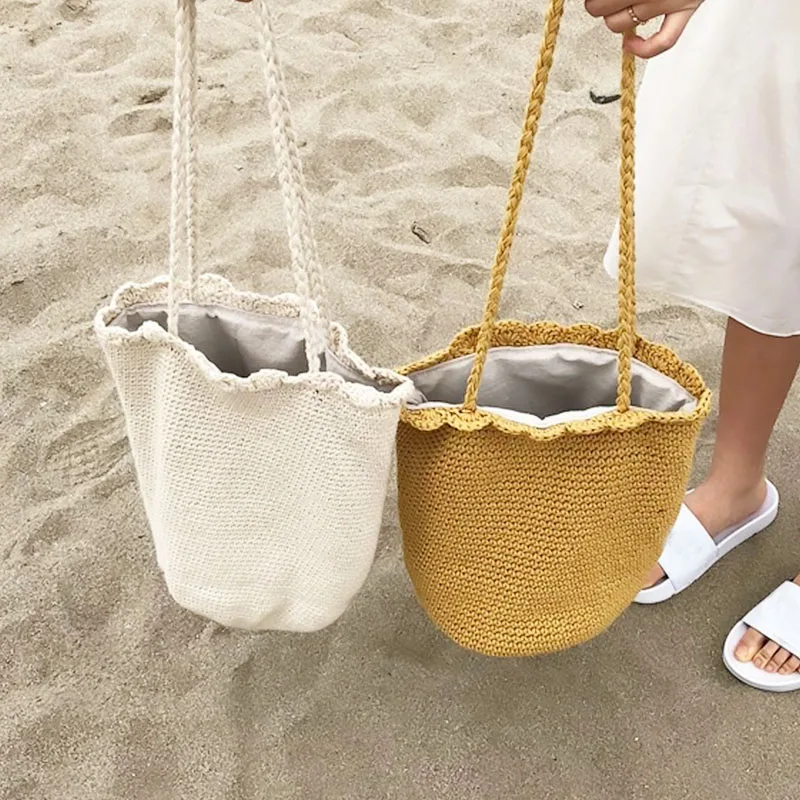 Fashion Boho Crochet Knitted Drawstring Bag Summer Beach Casual Tote Handbag Women Vacation Handmade Eco Friendly Shopping Bag