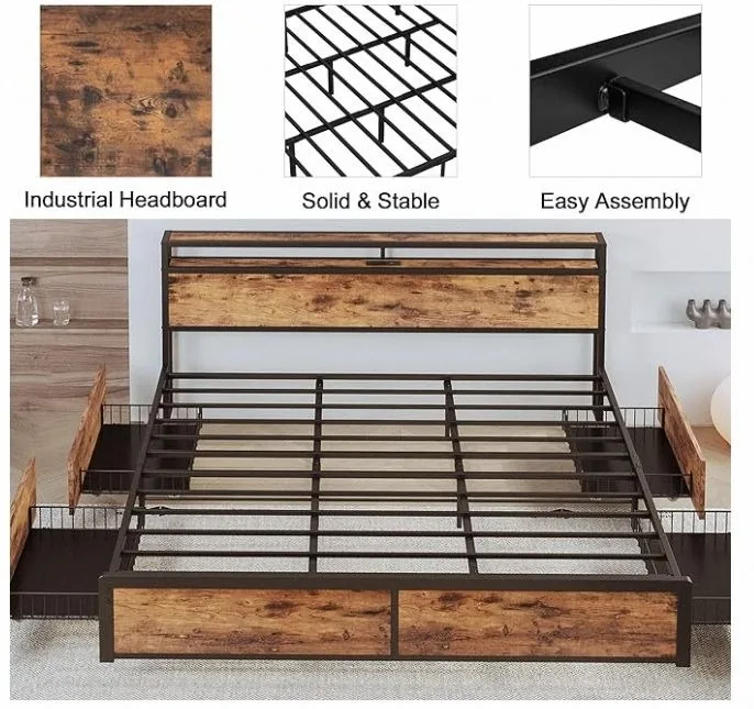 Сверхмощный металлический каркас кровати размера «Queen Size» на платформе с деревянной подножкой для изголовья 13 прочных металлических планок