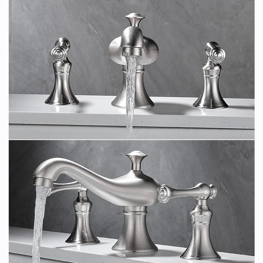 European Style All Brass Three Hole Washbasin Faucet Split Brushed Nickel Color Washbasin Cold And Hot Tap Mixer XR7871