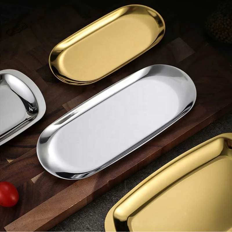 Nordic Style Fruit Cake Jewelry Trays Rolling Stainless Steel Decorative Oval Steak Plates