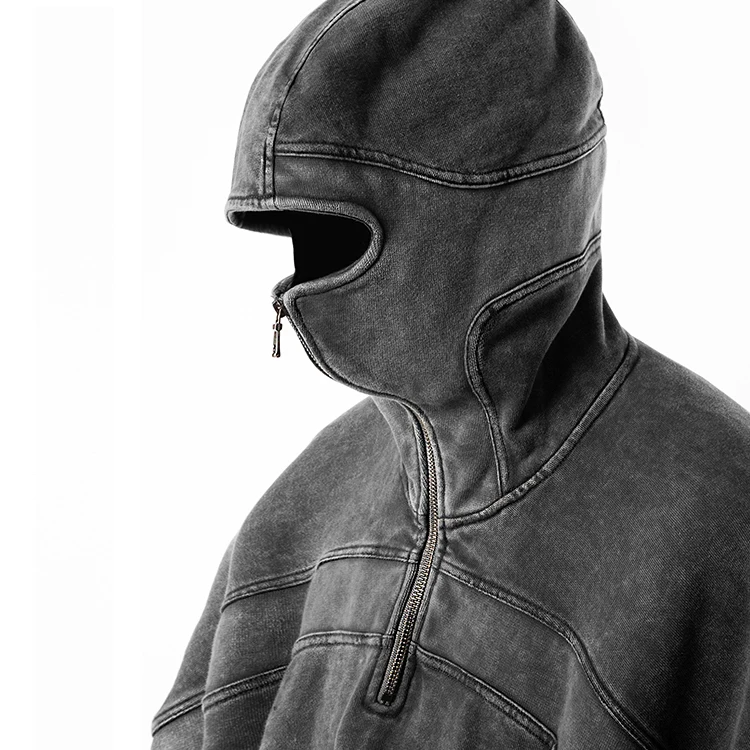 huilin wholesale manufacture heavyweight 100% cotton ninja hoodie men custom half face vintage wash patchwork hoodie