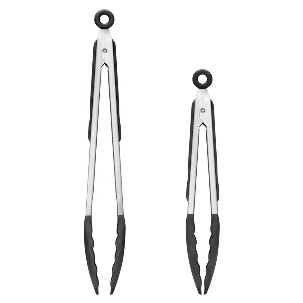 2 Pack Black kitchen tongs, Silicone BPA Free Non-Stick Stainless Steel BBQ Cooking Grilling Locking Food Tongs 9 Inch & 12 Inch