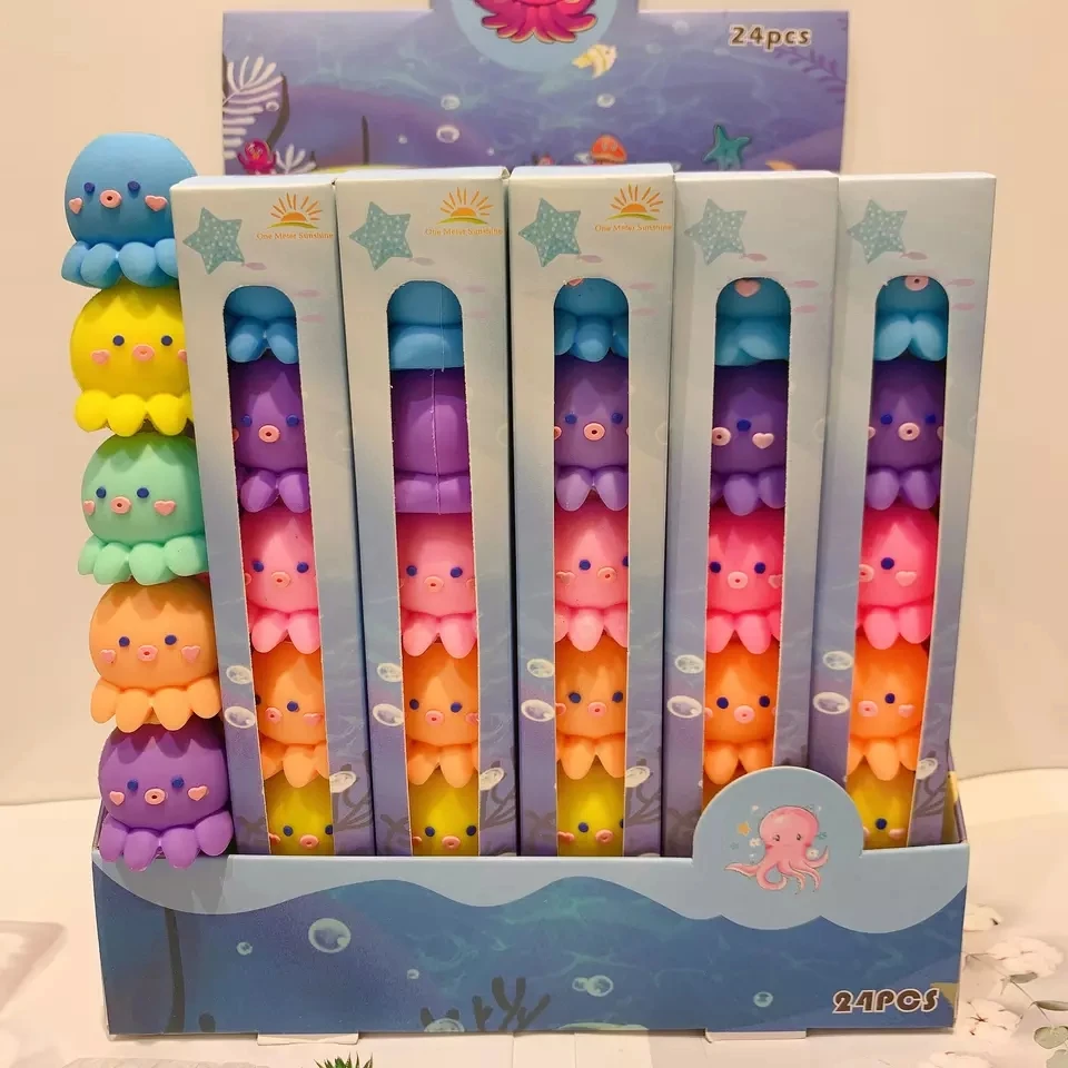 6pcs/pack Wholesale Kawaii Octopus Fluorescent Pens Custom Eco-friendly Silicone Material Highlight Pen For Kids