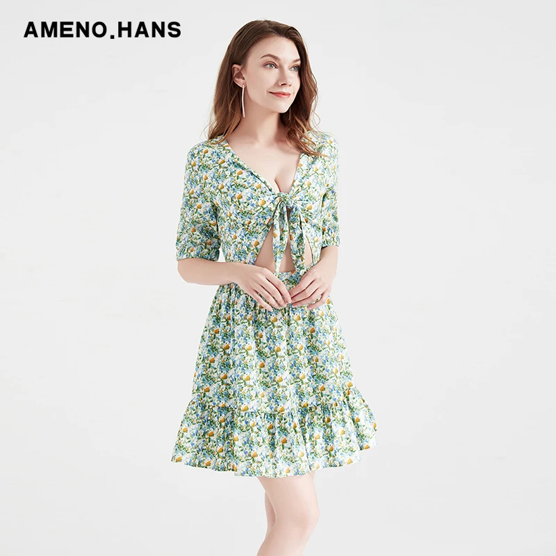 2022 new design green Ladies Korean Smart Casual Dress sweet print dresses