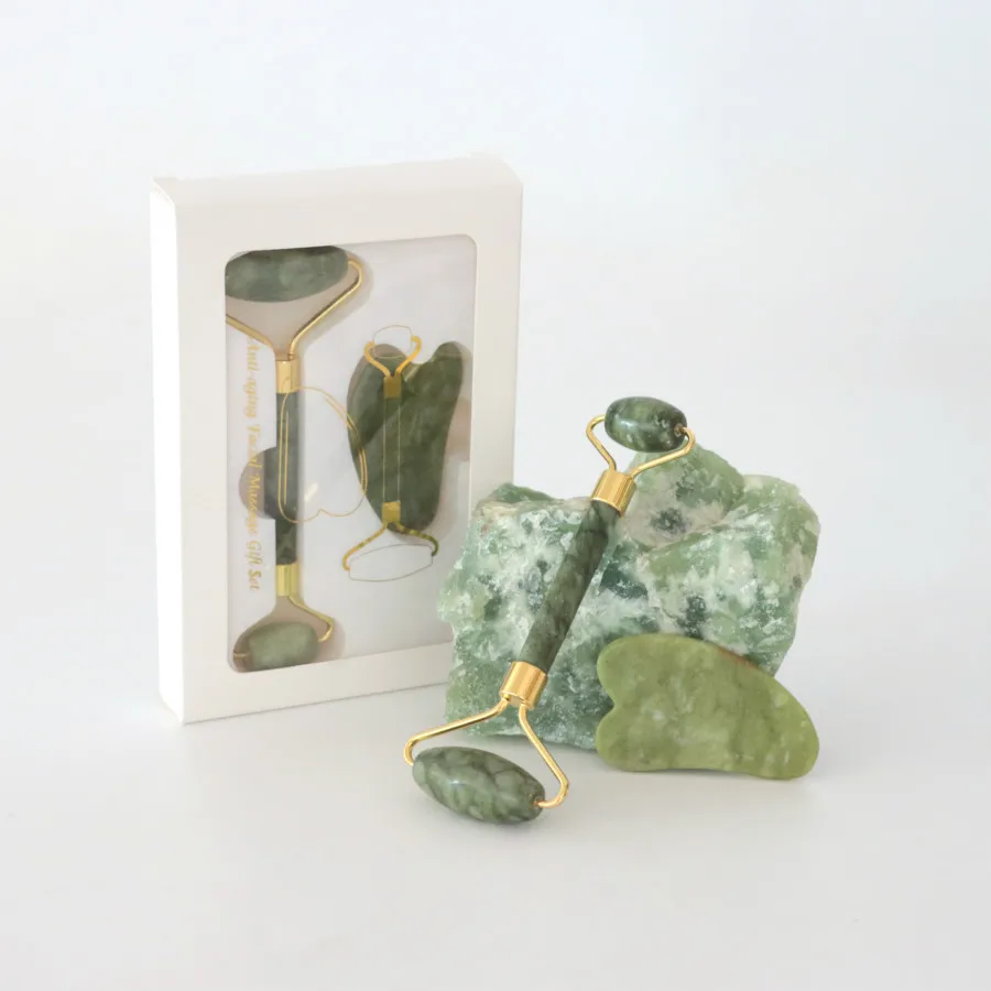 Private Label genuine natural nephrite facial green jade face roller and gua sha massager
