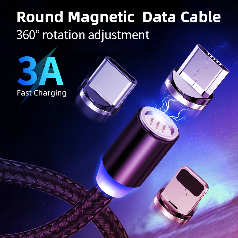  1 м 3 в Магнитный 3A Кабель Micro/Type C/8 pin USB светодиодный индикатор металлический зарядный кабель для iphone телефона Android