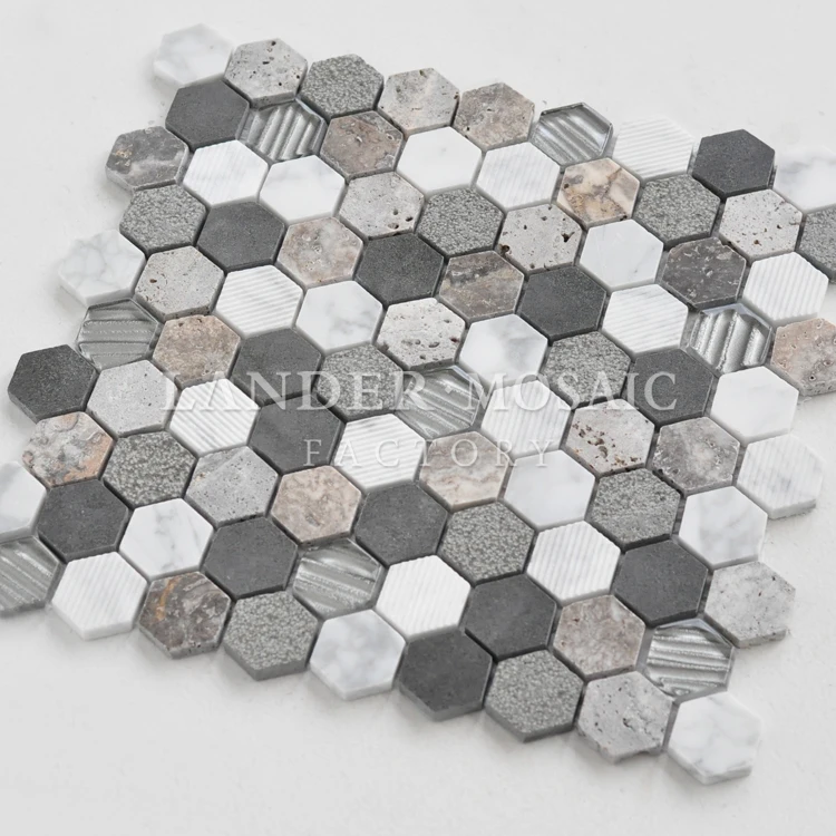 Ready to ship marble with glass hexagon 3d looking mosaic tile