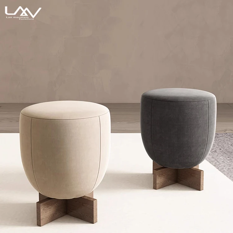 Nordic Design Bedroom Living Room Dressing Stool Furniture Fabric Wooden Frame Hotel Villa Apartment Sofa Corner Round Ottoman