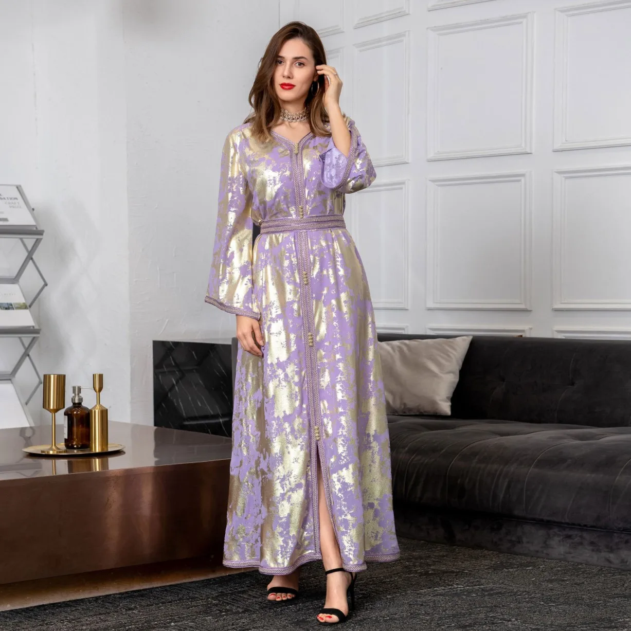 Latest Dubai High Expensive Islamic Clothing Muslim Women Chiffon Kaftan Abaya Turkey Maroccan Dress With Gilding  Gold Blocking