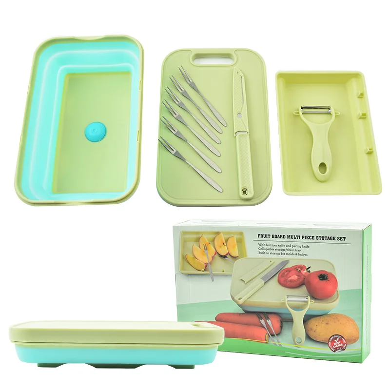 Kitchen Multifunction Vegetable Fruit Tools Plastic Foldable Collapsible Silicone Colander Chopping Cutting Board With Container