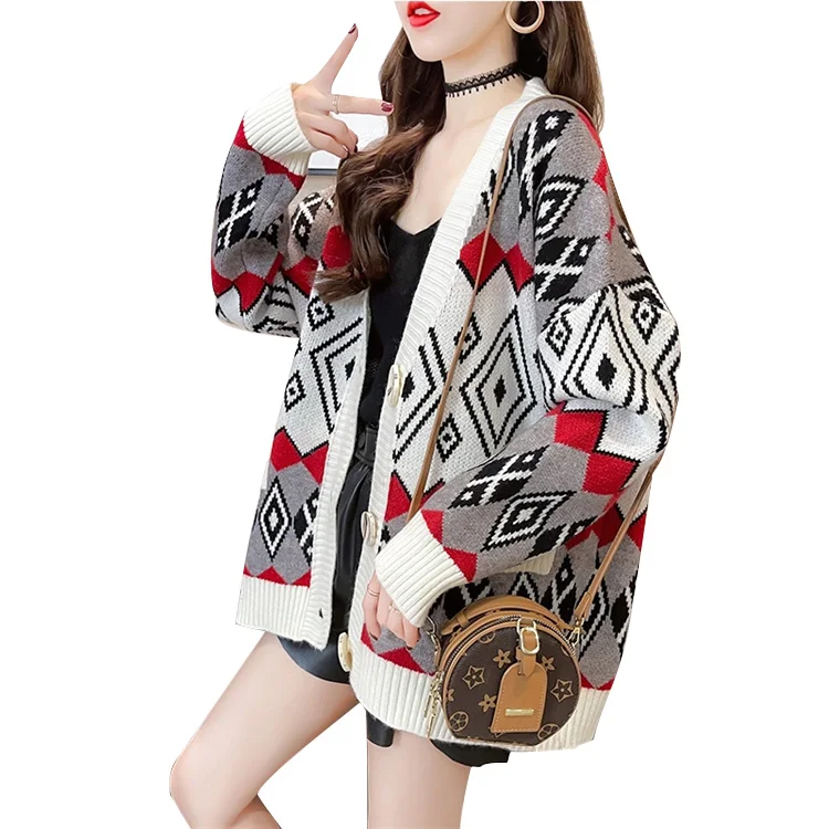 Colorful  Plaid Cardigan Sweater Long Sleeve Long Knitted Crochet Cardigan